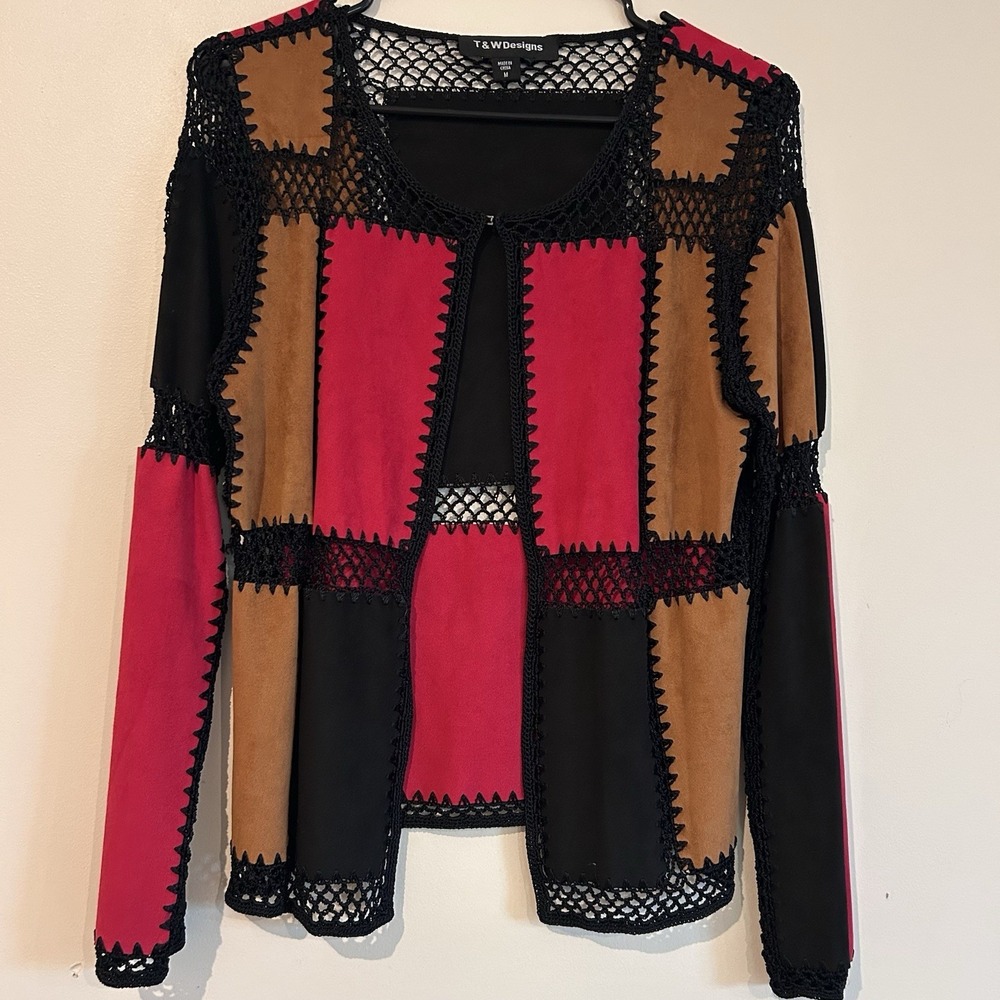 Patchwork Open Front Cardigan Sz M Crochet Colorful Hippie Boho Cowgirl